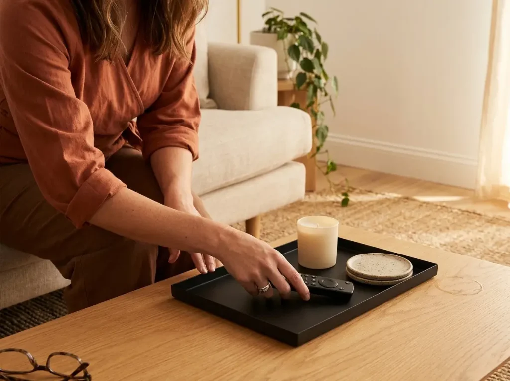 Hands arranging a tray with a remote coaster and candle to corral coffee table clutter