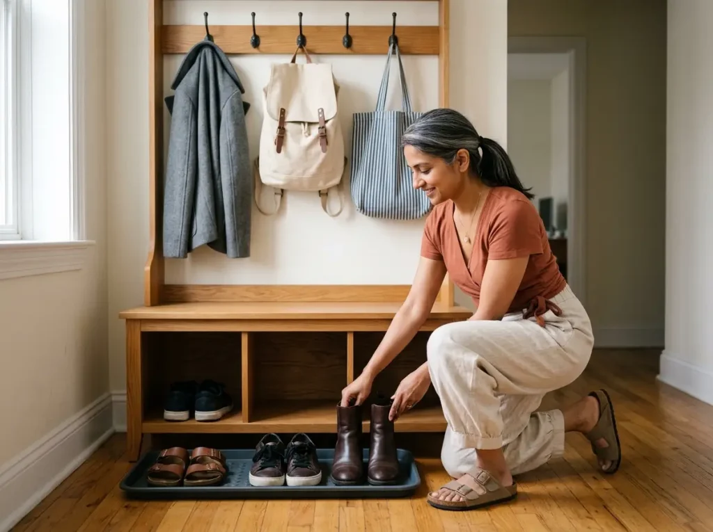 Woman placing shoes under entryway bench next to wall hooks and boot tray in organized system