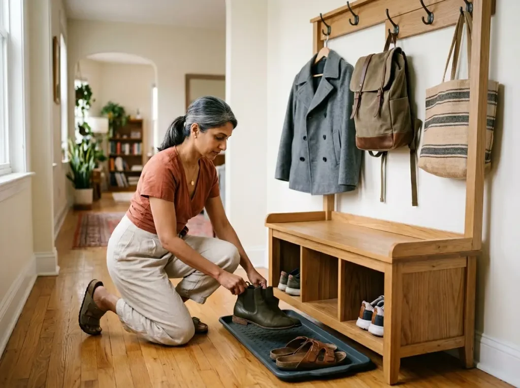Woman placing shoes under entryway bench next to wall hooks and boot tray in organized system