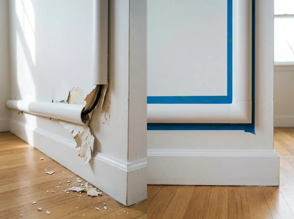 Side-by-side comparison of TV cord raceway adhesive failure on flat paint versus secure installation with painter's tape barrier
