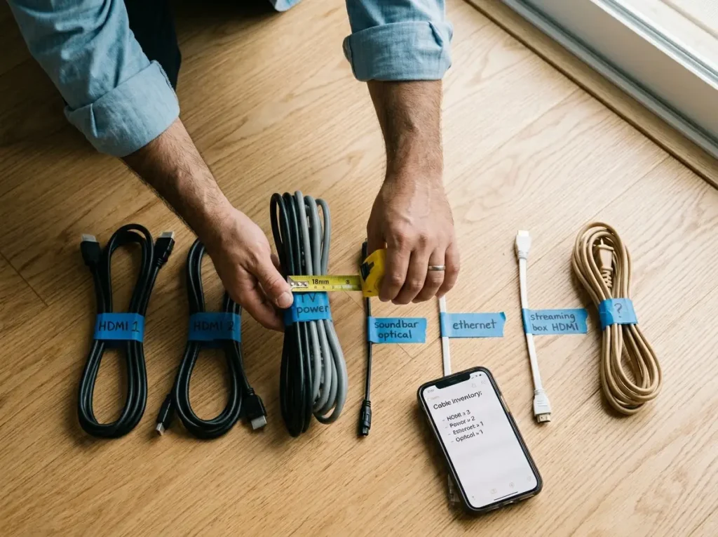 Hands sorting and counting seven TV cables on a hardwood floor before installing cord cover