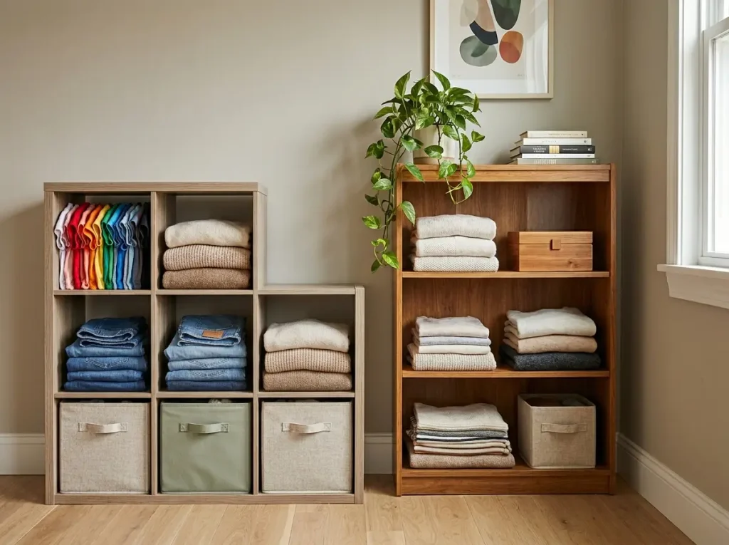 Freestanding cube organizer with folded clothes used as a dresser in a no-closet bedroom
