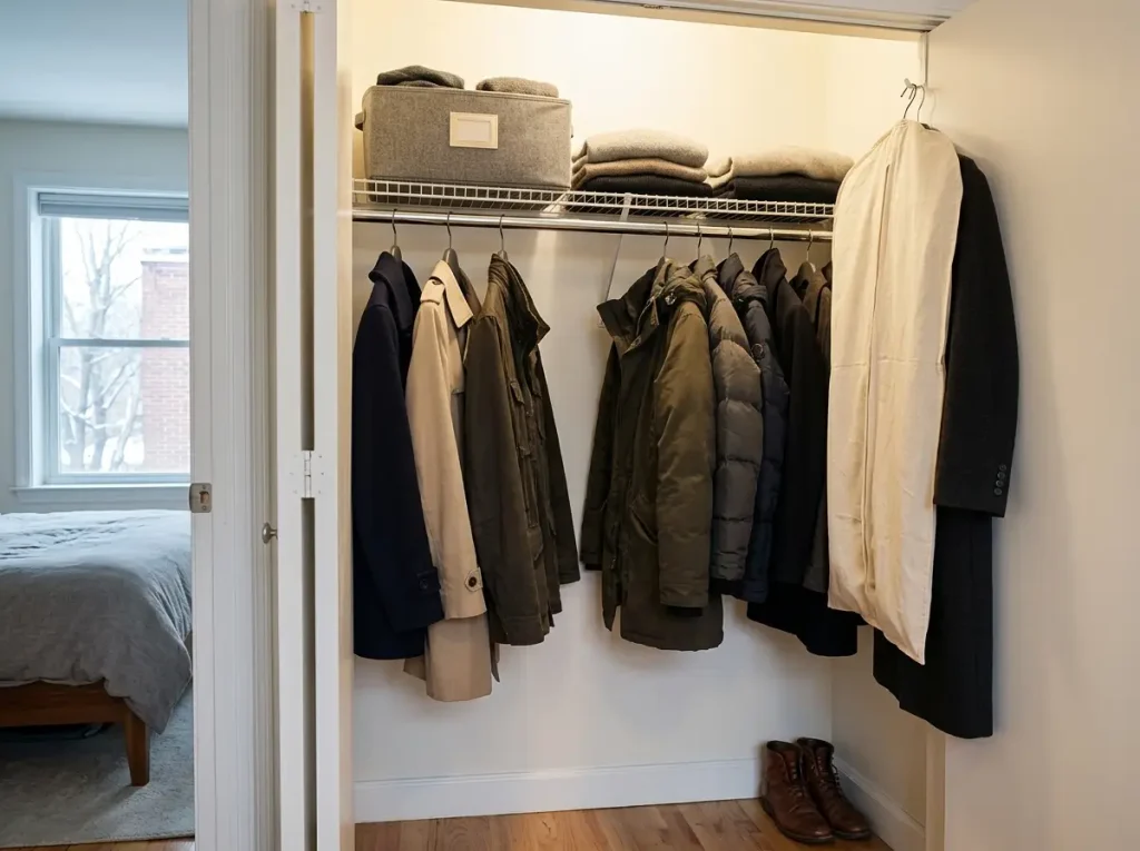 Small closet split into a front daily-coat zone and an off-season storage bin for winter coats