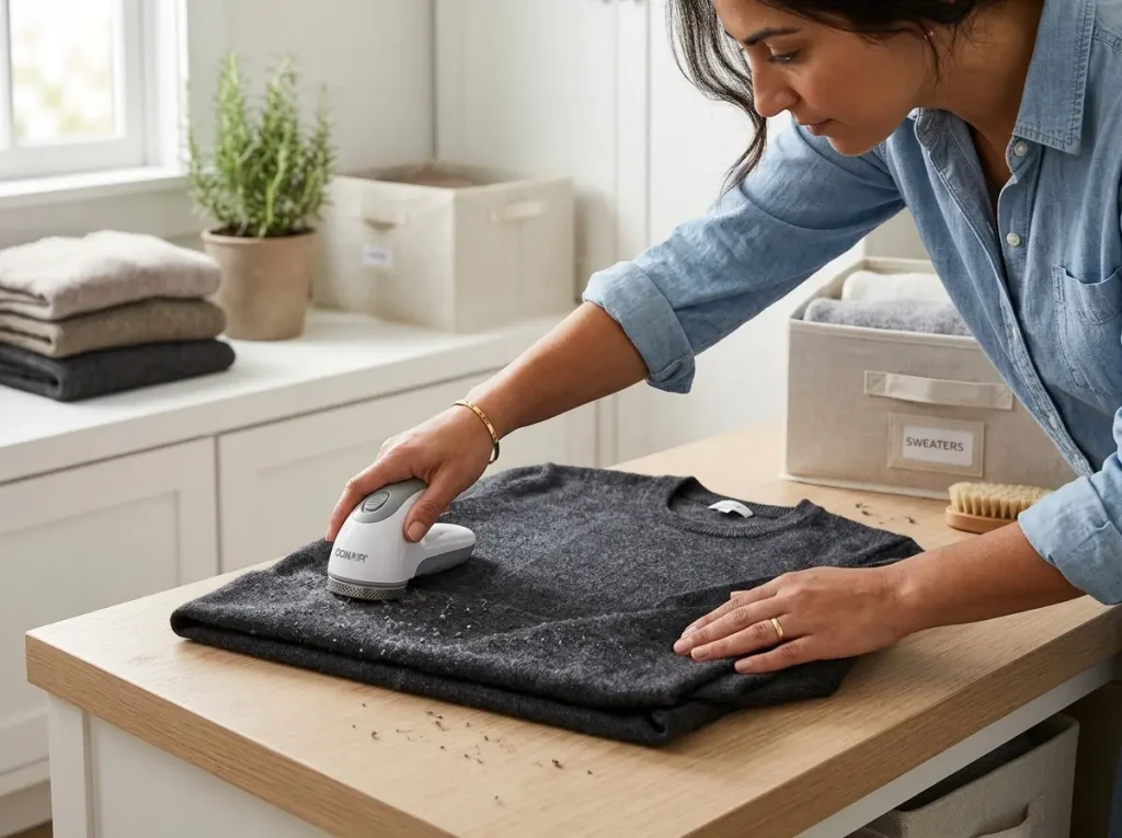 Hands using a fabric shaver to de-pill a folded sweater before storing it for the season