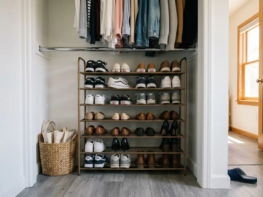 How to Organize Shoes in a Closet That Won't Pile Up Again 4 Two-tier narrow shoe rack on a closet floor under hanging shirts reclaiming dead space