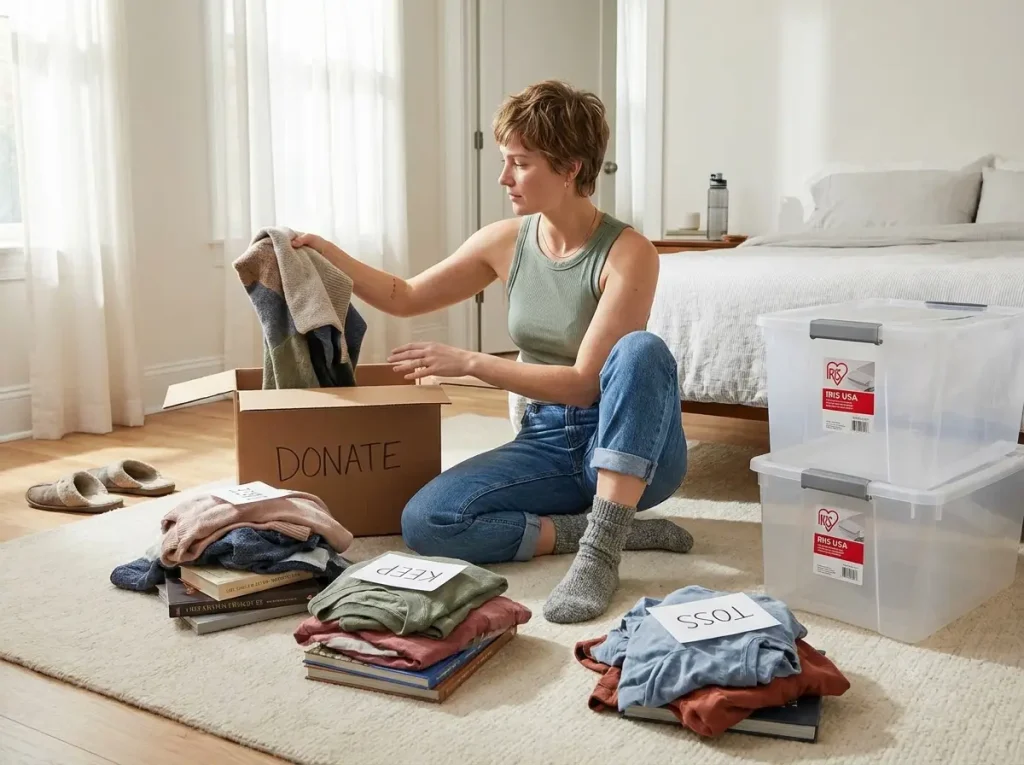 Woman sorting belongings into keep and donate piles on the floor before buying bins