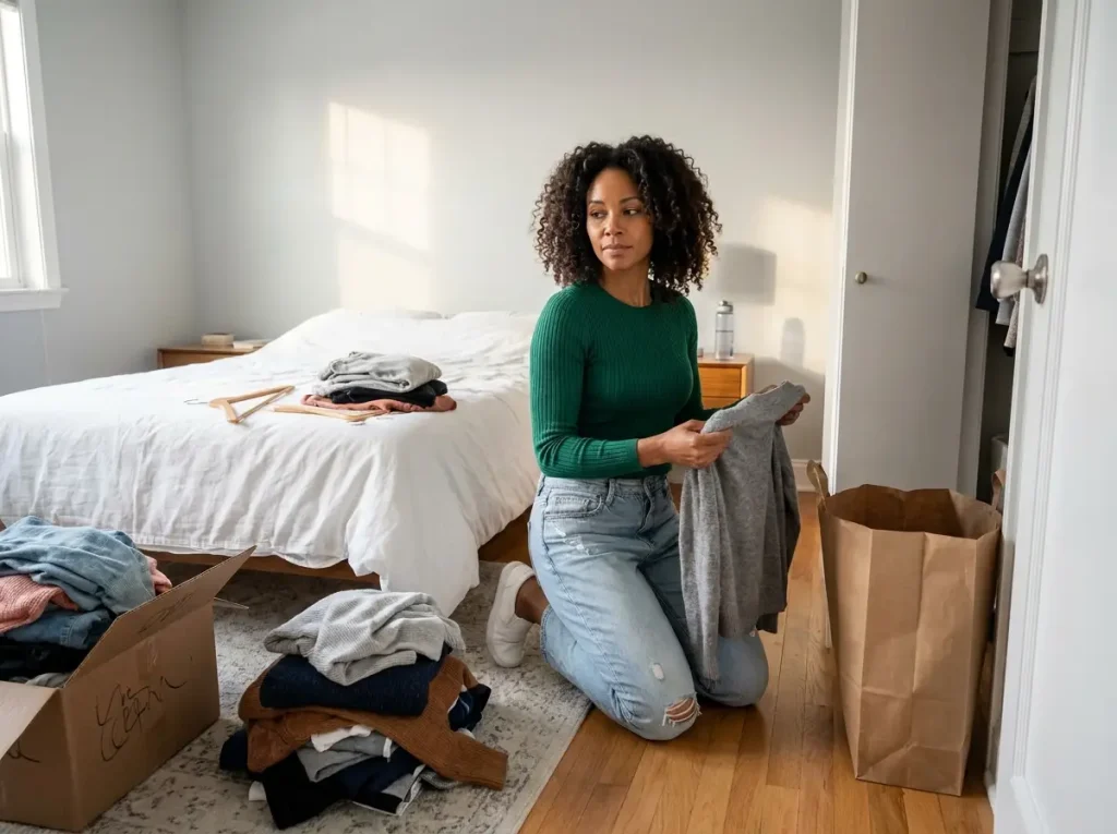 Woman sorting clothes into donate and keep piles on a bed during a declutter session