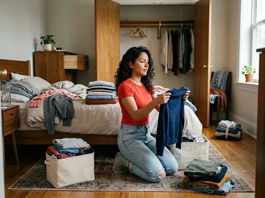 How to Organize Clothes With or Without a Closet 1 Woman sorting clothes into keep, donate, and toss piles on a bed to declutter