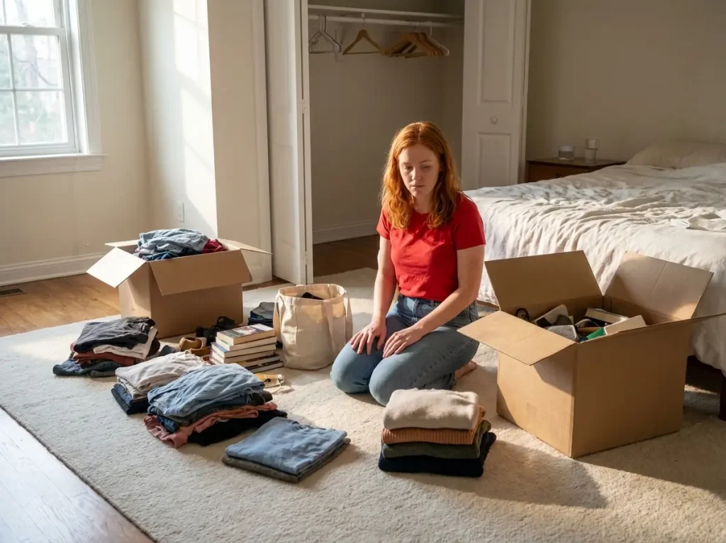 Woman sorting belongings into donate and keep piles on the floor before organizing, minimalist declutter-first step