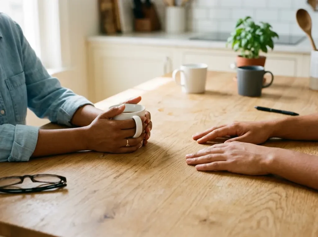 Two pairs of hands at kitchen table with coffee mugs in honest decluttering conversation between partners