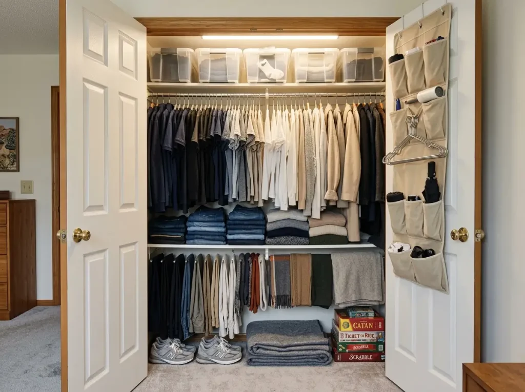 Organized but overfull reach-in closet showing resistant accumulator style of clutter accumulation
