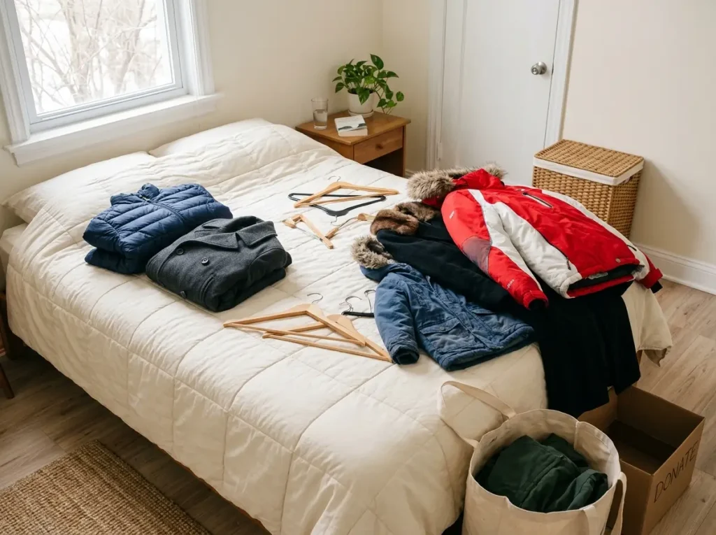 Winter coats sorted into keep and donate piles on a bed to declutter before organizing a small space
