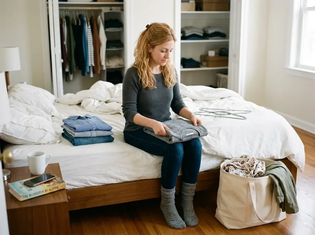 Greek woman sorting clothes on bed into donation bag as first step in decluttering shared space