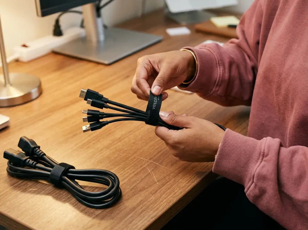 5 Cable Management Solutions Tested at My Desk 4 Hands wrapping black Velcro cable ties around a bundle of desk data cables