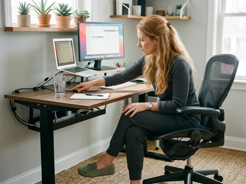 5 Cable Management Solutions Tested at My Desk 8 Woman doing a quick desk cable check and monthly maintenance sweep