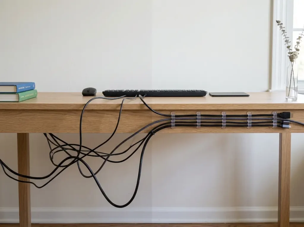 5 Cable Management Solutions Tested at My Desk 6 Desk cable routing before and after, showing messy cables versus neatly clipped path along desk edge