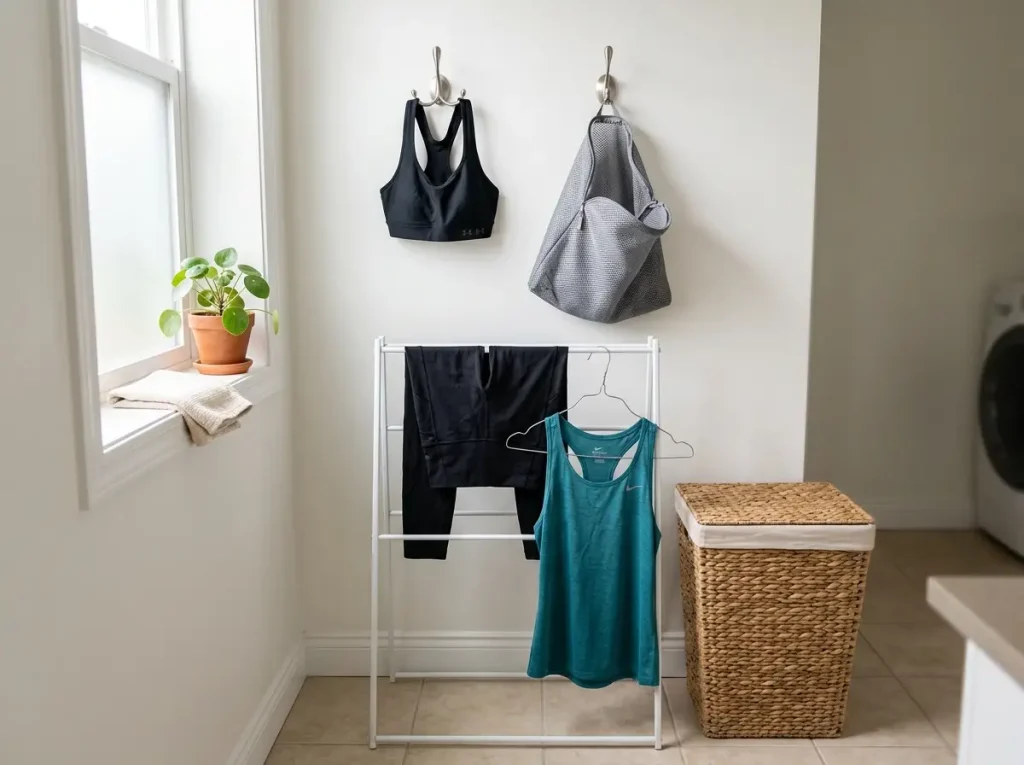 A wall hook and small drying rack airing damp workout clothes beside a mesh laundry bag