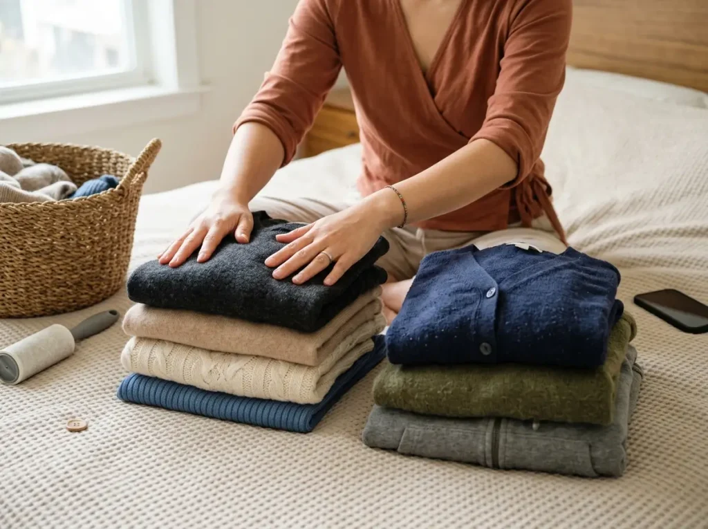 Hands sort folded sweaters into keep and donate piles before seasonal clothing storage