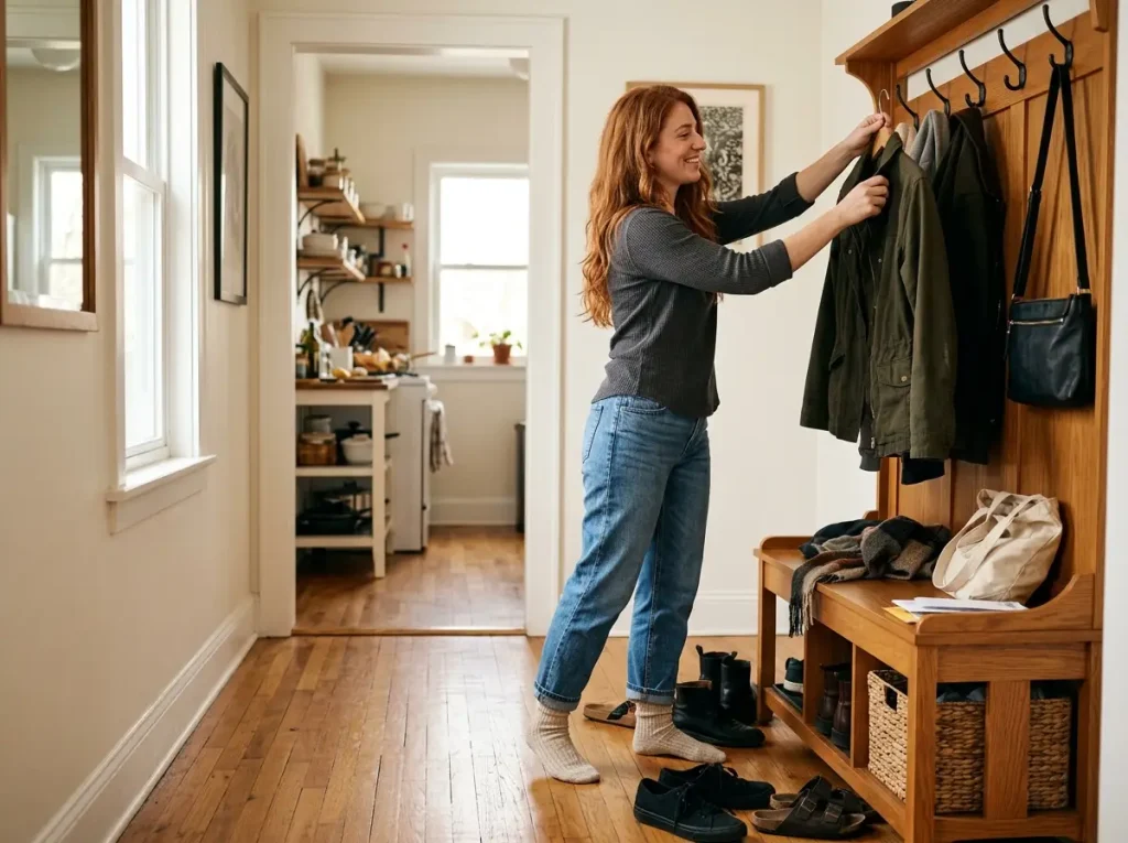 Organized entryway bench reset with shoes under bench and coats on hooks after seasonal refresh