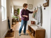 5 Entryway Bench Storage Ideas That Actually Fit Small entryway with storage bench, wall hooks, and boot tray in an organized apartment hallway