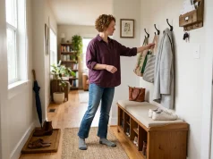 5 Entryway Bench Storage Ideas That Actually Fit Small entryway with storage bench, wall hooks, and boot tray in an organized apartment hallway