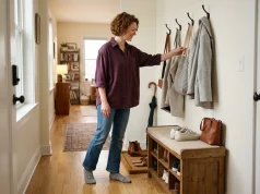 5 Entryway Bench Storage Ideas That Actually Fit Small entryway with storage bench, wall hooks, and boot tray in an organized apartment hallway
