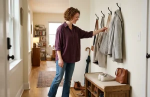 5 Entryway Bench Storage Ideas That Actually Fit Small entryway with storage bench, wall hooks, and boot tray in an organized apartment hallway