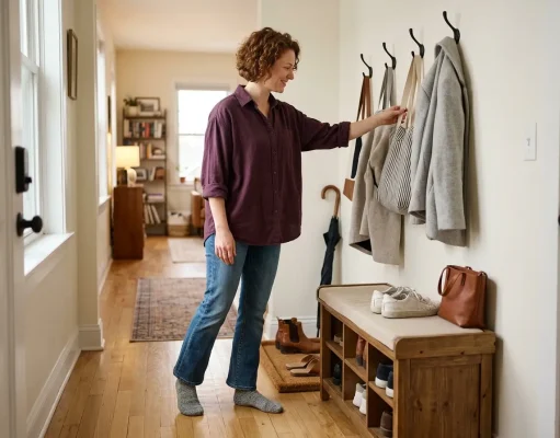 5 Entryway Bench Storage Ideas That Actually Fit Small entryway with storage bench, wall hooks, and boot tray in an organized apartment hallway