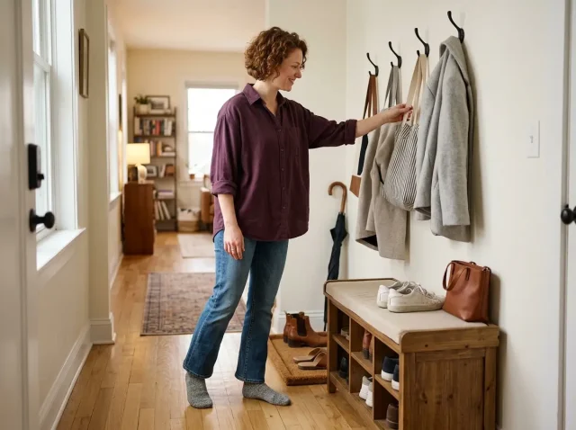 Small entryway with storage bench, wall hooks, and boot tray in an organized apartment hallway