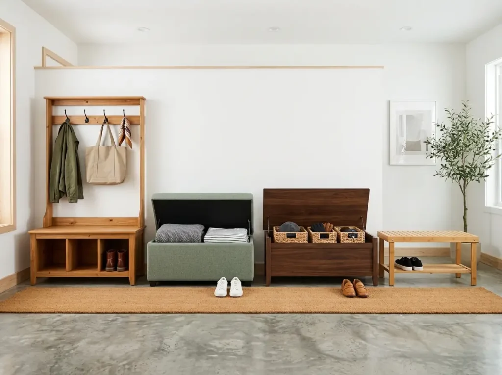 Four styles of entryway storage bench arranged along a white wall for comparison