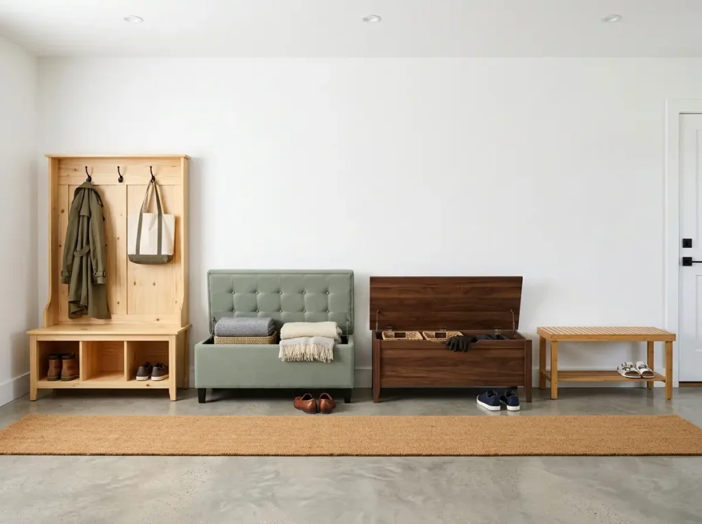 Four styles of entryway storage bench arranged along a white wall for comparison