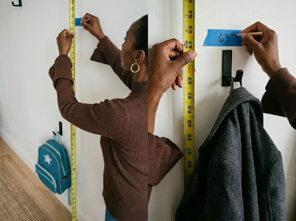 Hand measuring coat hook height at 63 inches from floor in small apartment entryway