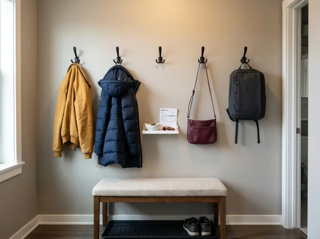 Entryway wall hooks for coats and bags in a small apartment — organized coat zone