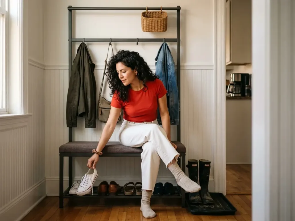 Woman sitting on entryway bench hall tree reaching for shoes, organized small apartment entry