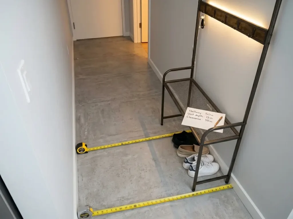 Tape measure stretched across a narrow apartment hallway showing 36-inch walkway clearance rule