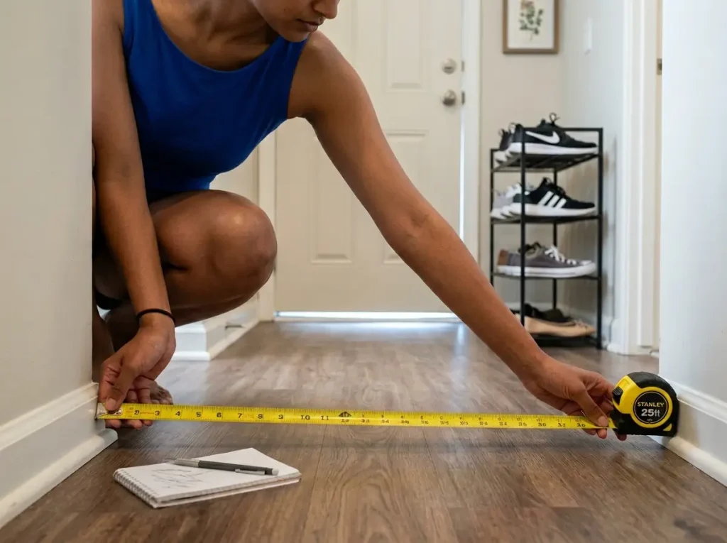 Hands measuring hallway width with a tape measure at apartment entryway before buying shoe storage