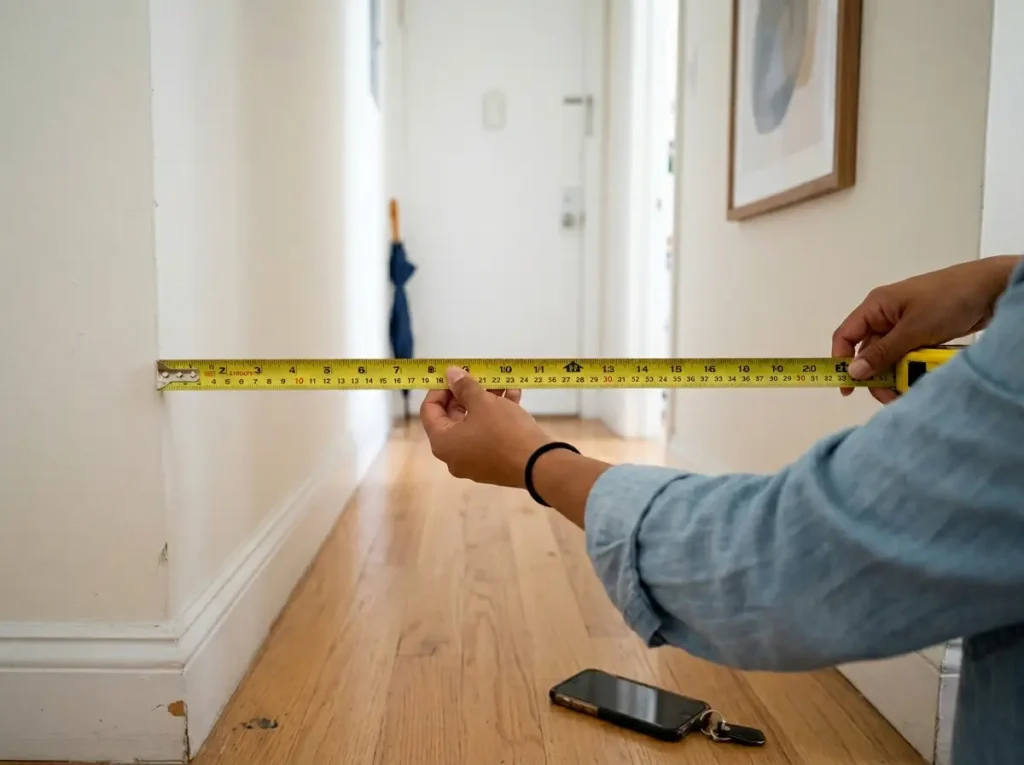 Person measuring apartment hallway width with tape measure before buying entryway bench