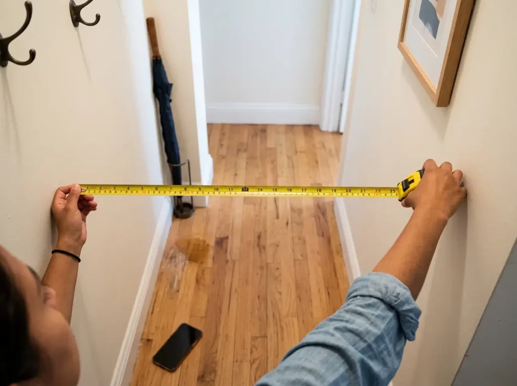 Person measuring apartment hallway width with tape measure before buying entryway bench