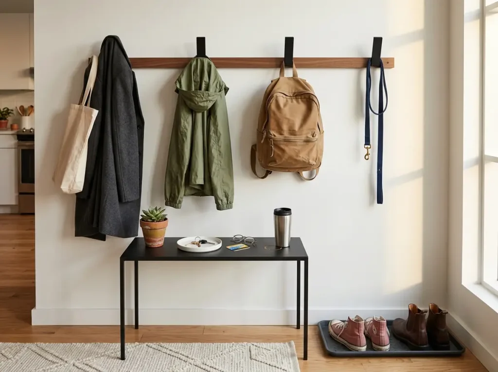 Why Your Open Floor Plan Entryway Keeps Falling Apart 4 Entryway wall with no-drill hooks holding coats bags and key tray on console showing organized drop zone system