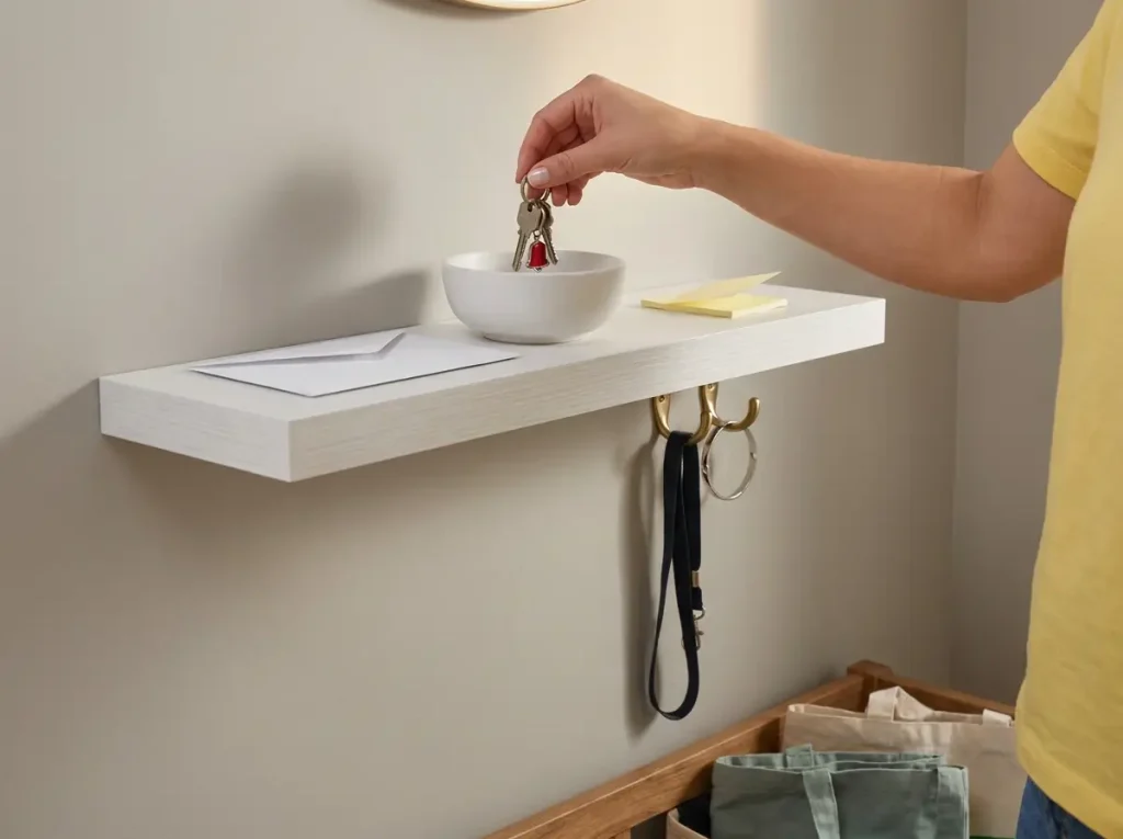 Entryway key organization landing pad — floating shelf with key bowl and mail sorter