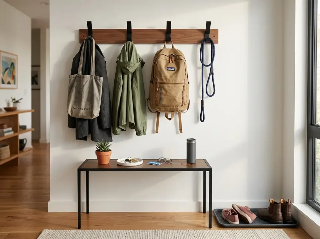 Wall-mounted mail organizer with three labeled slots at apartment entryway, small recycling bin below