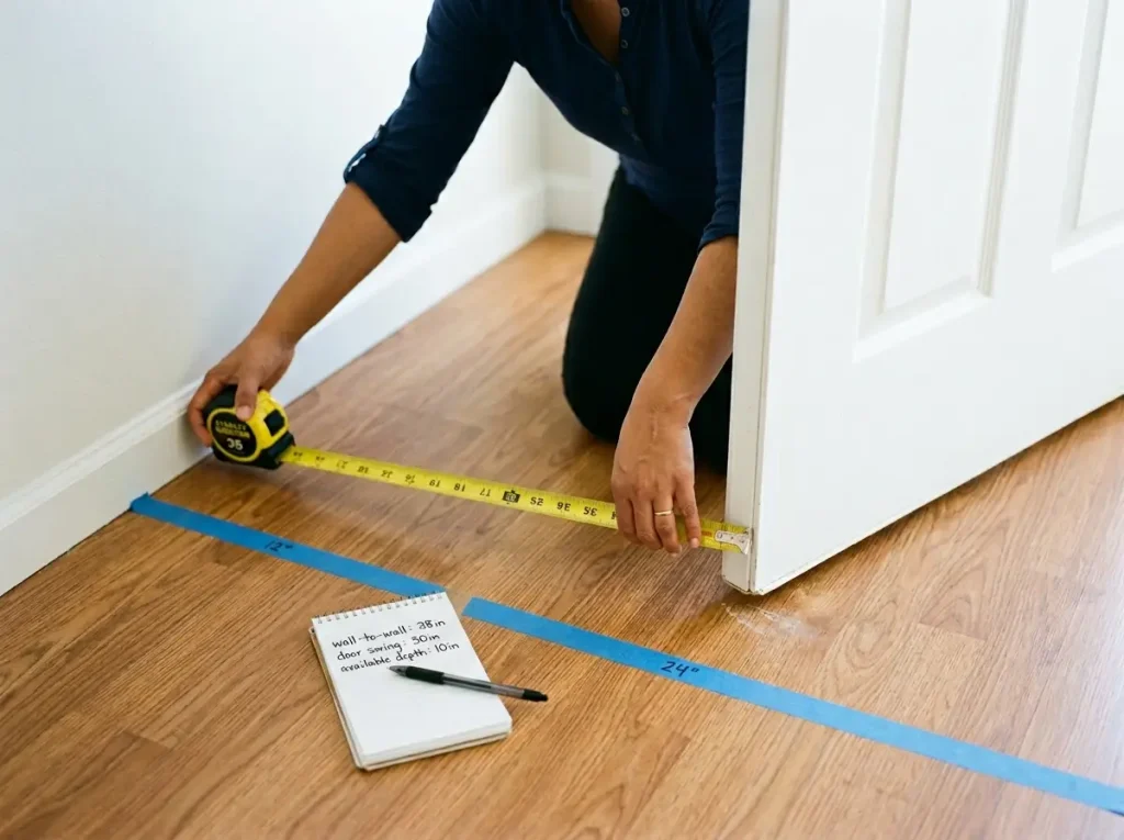 Measuring entryway width and door swing depth before buying storage furniture
