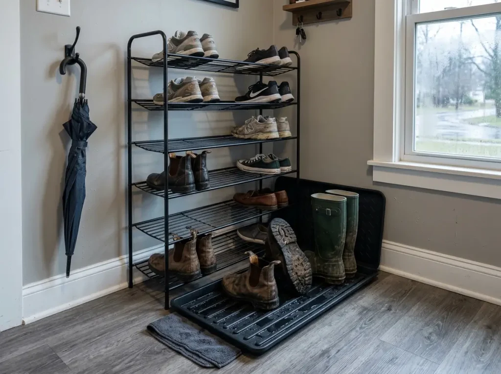 9 Entryway Shoe Storage Ideas That Stop the Pile 7 Slim ventilated shoe rack beside a boot tray holding wet winter boots by the front door