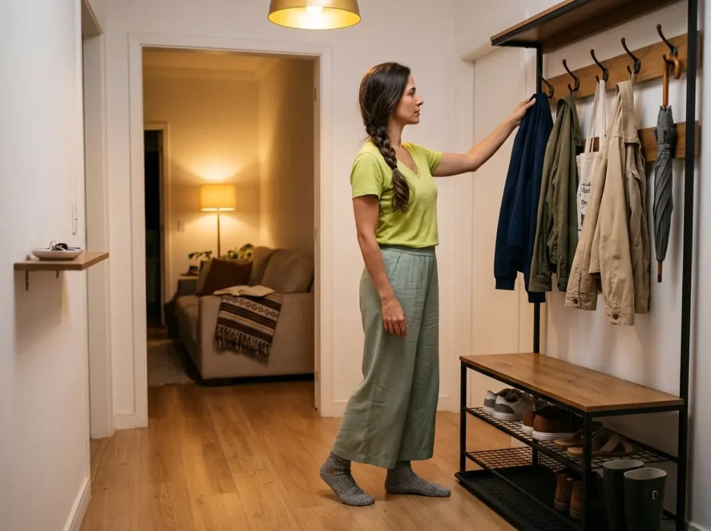Woman doing a quick evening scan of an organized apartment entryway