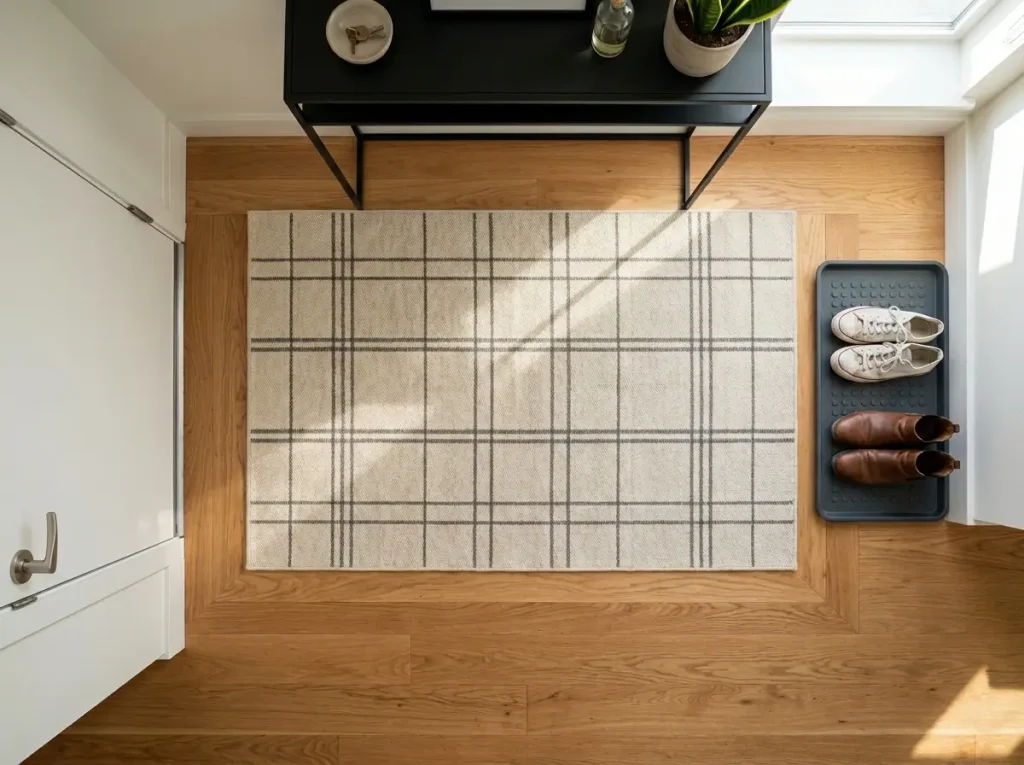 Why Your Open Floor Plan Entryway Keeps Falling Apart 2 3x5 entryway rug on hardwood floor with 5 inch border showing zone boundary near apartment front door