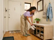 How to Organize Shoes at Your Entryway Woman organizing shoes into an entryway cubby bench near an apartment front door, natural light