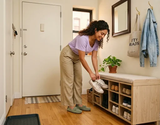 How to Organize Shoes at Your Entryway Woman organizing shoes into an entryway cubby bench near an apartment front door, natural light