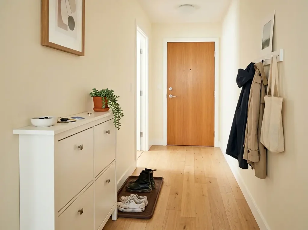 Shoe Organization That Actually Lasts 6 Organized apartment entryway with slim shoe cabinet flush against wall and boot tray showing full walkway clearance