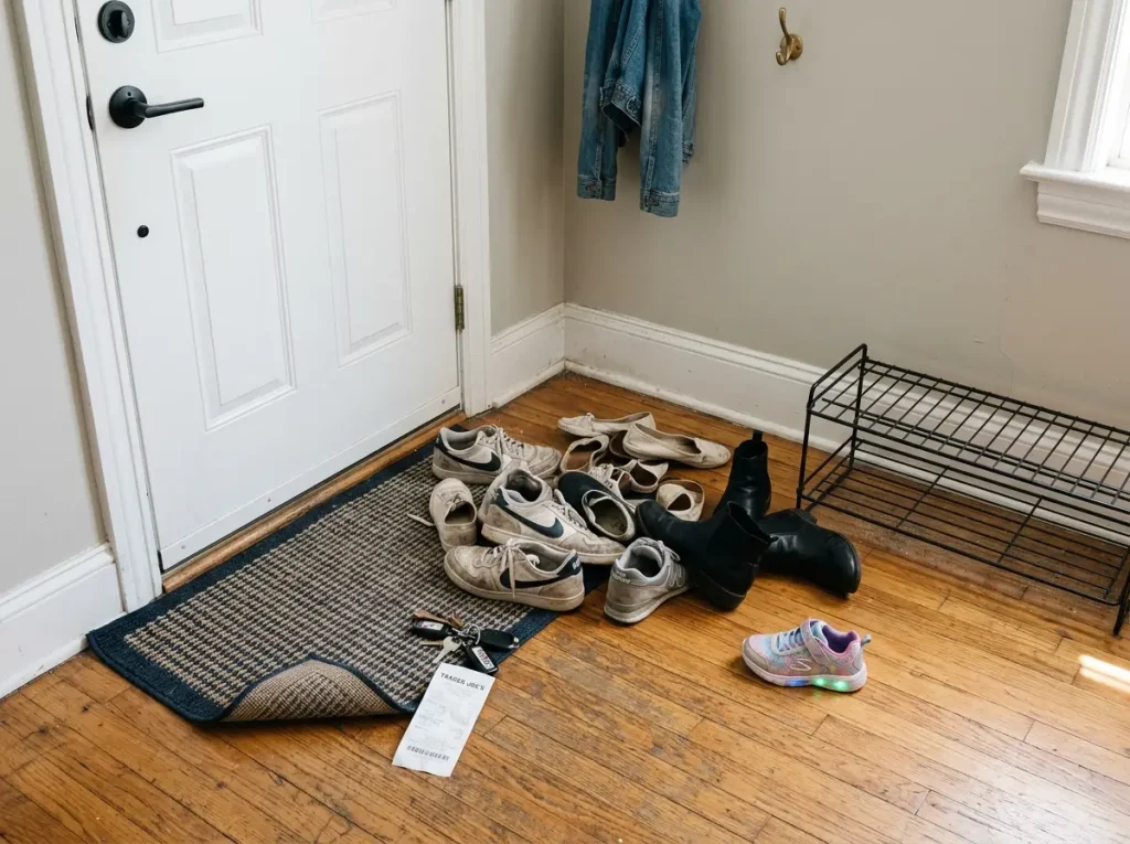 9 Entryway Shoe Storage Ideas That Stop the Pile 1 Small entryway floor by the front door with shoes scattered in a loose pile on hardwood