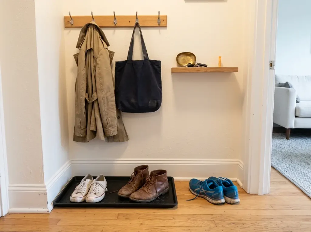 Small apartment entryway shoe zone with rubber boot tray and wall hooks above
